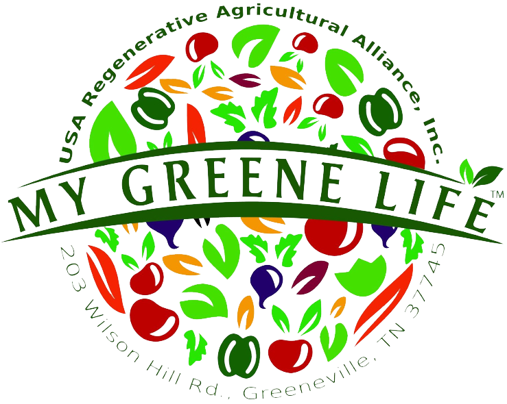 Logo Logo of My Greene Life, part of the USA Regenerative Agricultural Alliance, featuring vibrant illustrations of various vegetables and plants, promoting sustainable agriculture in Greeneville, TN.